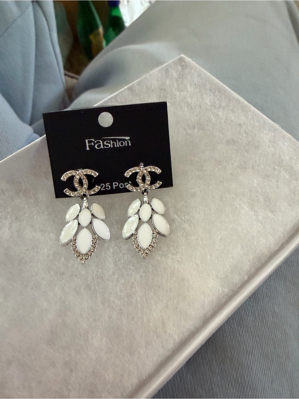White Crystal Drop Post Earrings, silver tone, fashion jewelry - Picture 1 of 6
